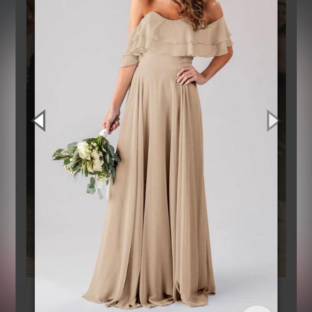 Gently used, Kennedy Blue size 18 color Latte off the shoulder bridesmaid dress